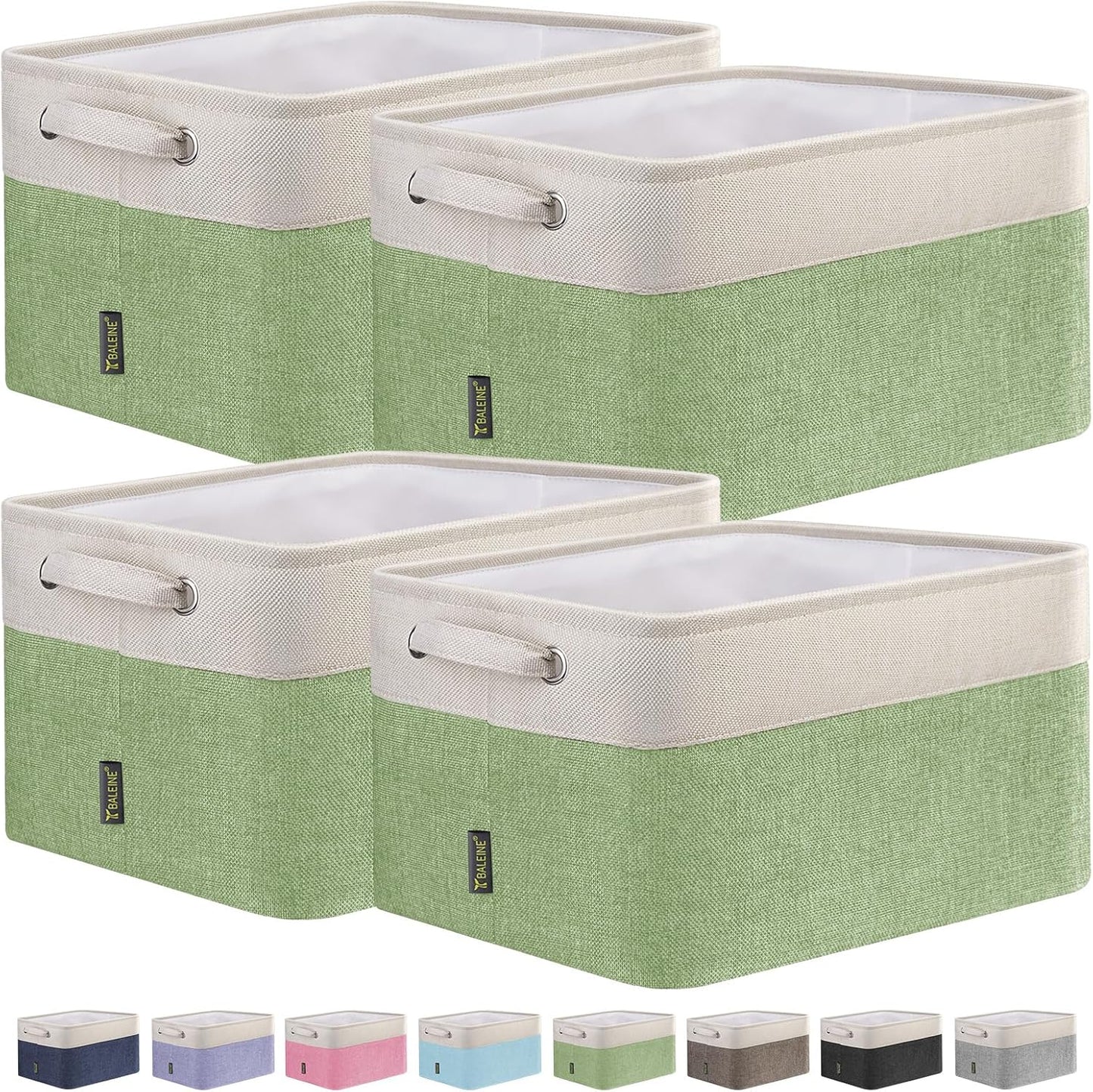 BALEINE 4 Pack Fabric Storage Bins for Shelves, Linen Storage Baskets for Organizing, Decorative Closet Bins for Clothes, Home (Green, 15''x11''x9.5'')
