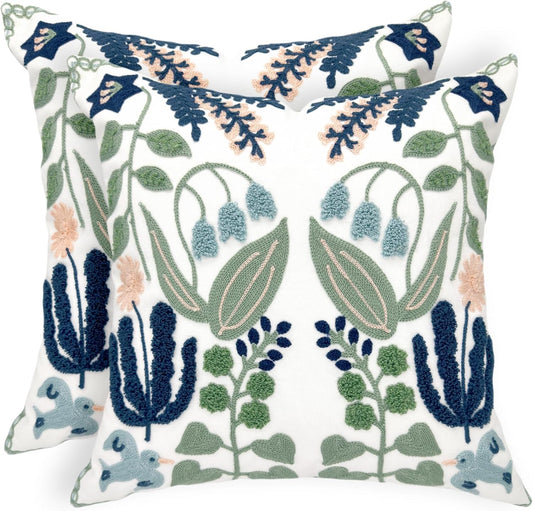 Alysheer Floral Embroidered Summer Decorative Throw Pillow Covers 20"x 20" Set of 2, Farmhouse Cottage Navy Blue Green Flowers Leaves Knit Pattern Cotton Canvas Cushion Case for Couch Bed Living Room