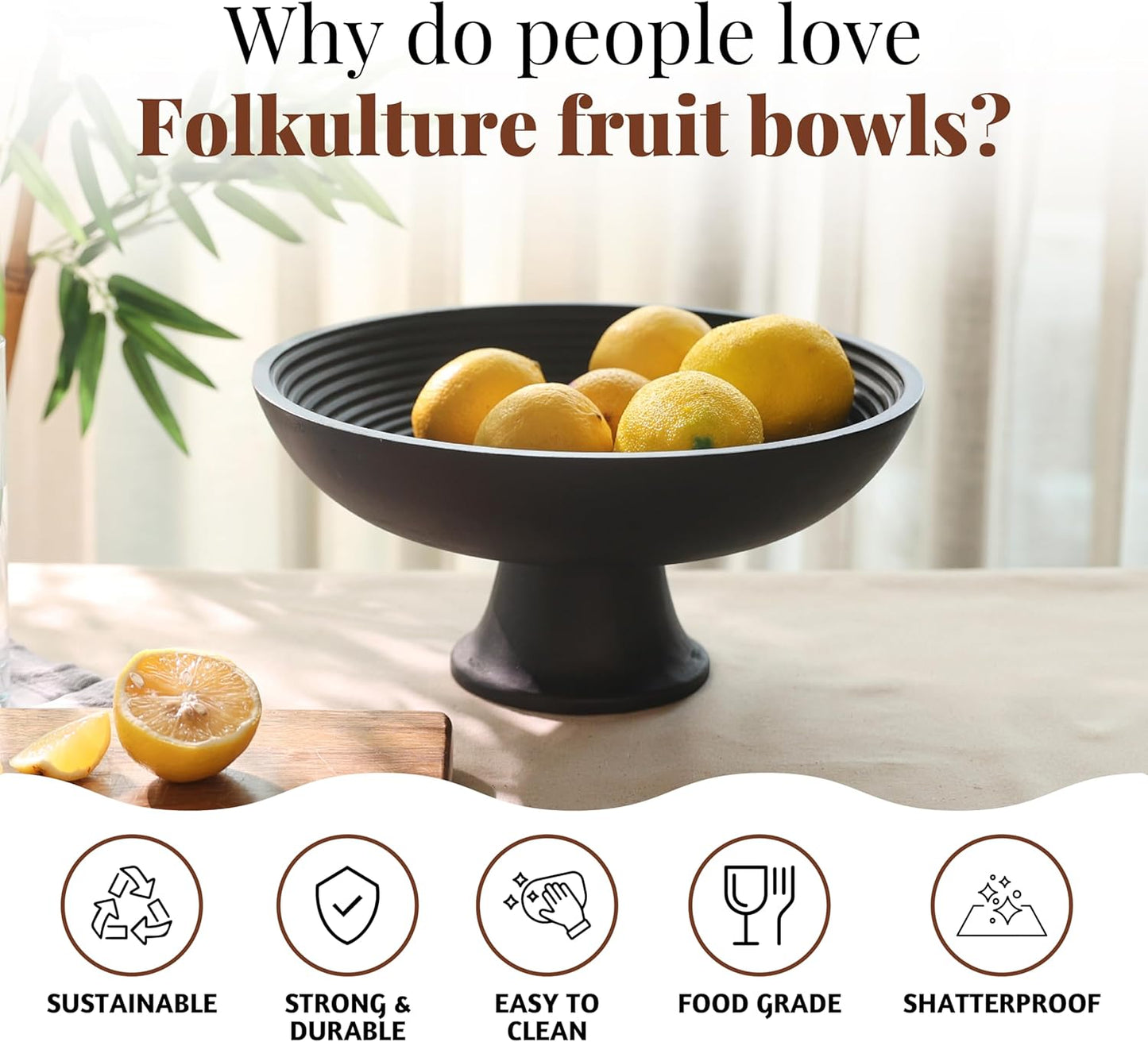 Folkulture Wooden Fruit Bowl for Kitchen Counter | 12" Large Premium Eco Friendly Banana Fruit Basket for Kitchen | Black Wood Bowl with Holder, Pedestal for Table Decor, Centerpiece for Dining Table