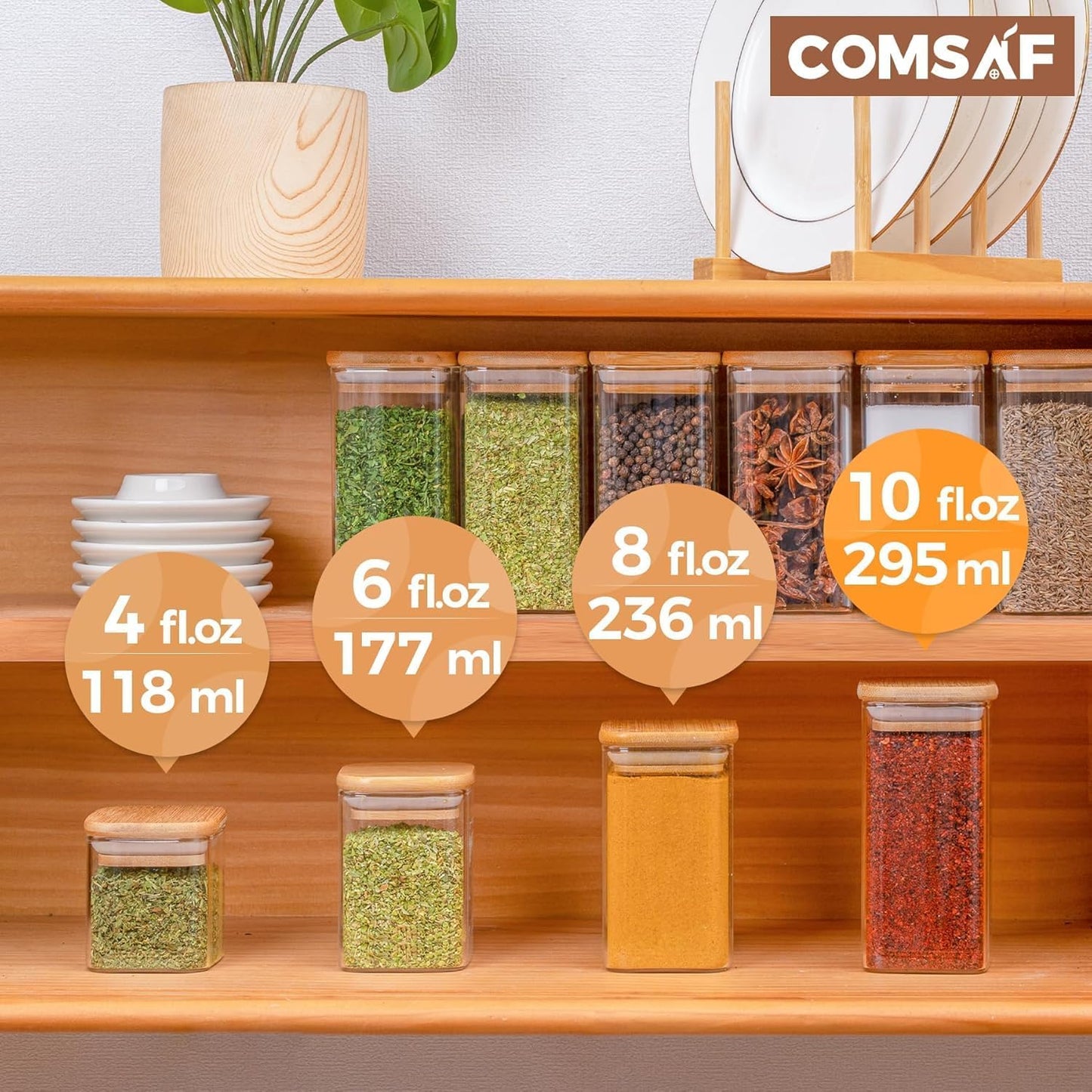 ComSaf 6Pcs 10 oz Large Spice Jars with Label Trial Set, Glass Spice Jars with Bamboo Lids Supplementary Set, Seasoning Container Trial Pack, Perfect for Ktichen Starter