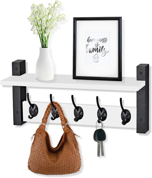 Sorbus Coat Hooks Wall Mount with Shelf – 16 Inch Coat Rack Wall Mount with 5 Heavy Duty Hooks – Floating Wall Shelf with Hooks for Entryway, Bathroom, Bedroom, Kitchen, or Mudroom (White)