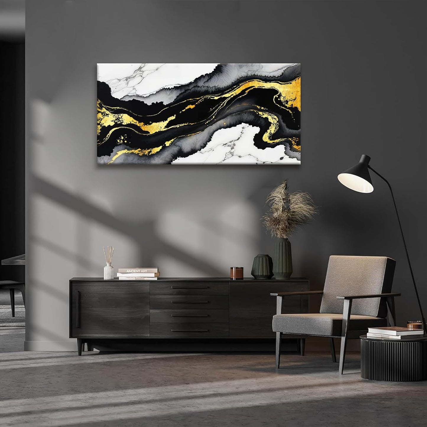 TAIJXAGSG Abstract Black And Gold Wall Art For Living Room Artwork Canvas Art Wall Decor Marble Texture Modern Canvas Prints Pictures Abstract Wall Decor For Home Hotel Decoration 24x48 Inch