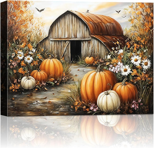 Autumn Pumpkin Barn Framed Wall Art Decor, Moody Fall Decor Rustic Country Landscape Picture Print for Farmhouse Decor,Thanksgiving Decorations Country Canvas Wall Art, Ready to Hang