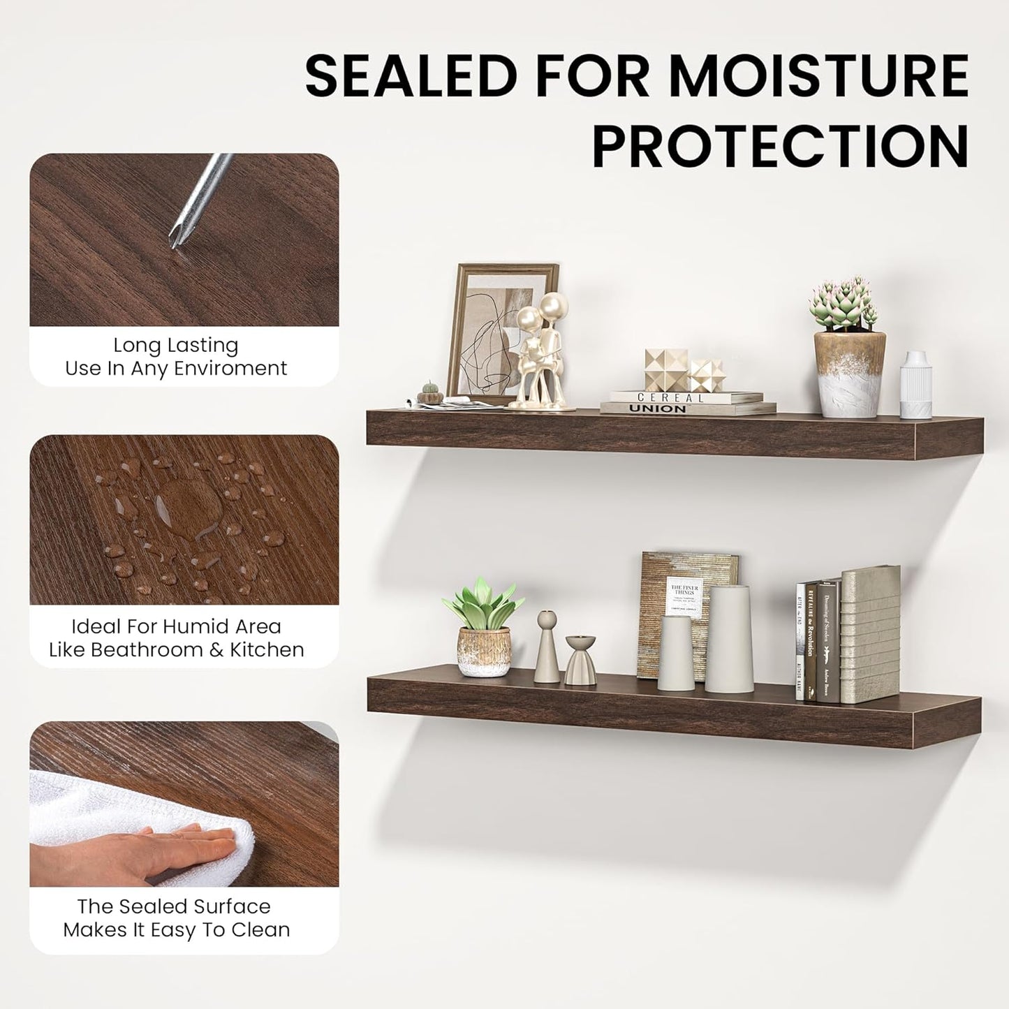 Floating Shelves for Wall, 24" W x 6.7" D x 1.5" H, Wooden Wall Mounted Display Shelves with Invisible Brackets for Living Room, Bedroom, Bathroom, Kitchen Decor and Storage, Set of 2, Walnut