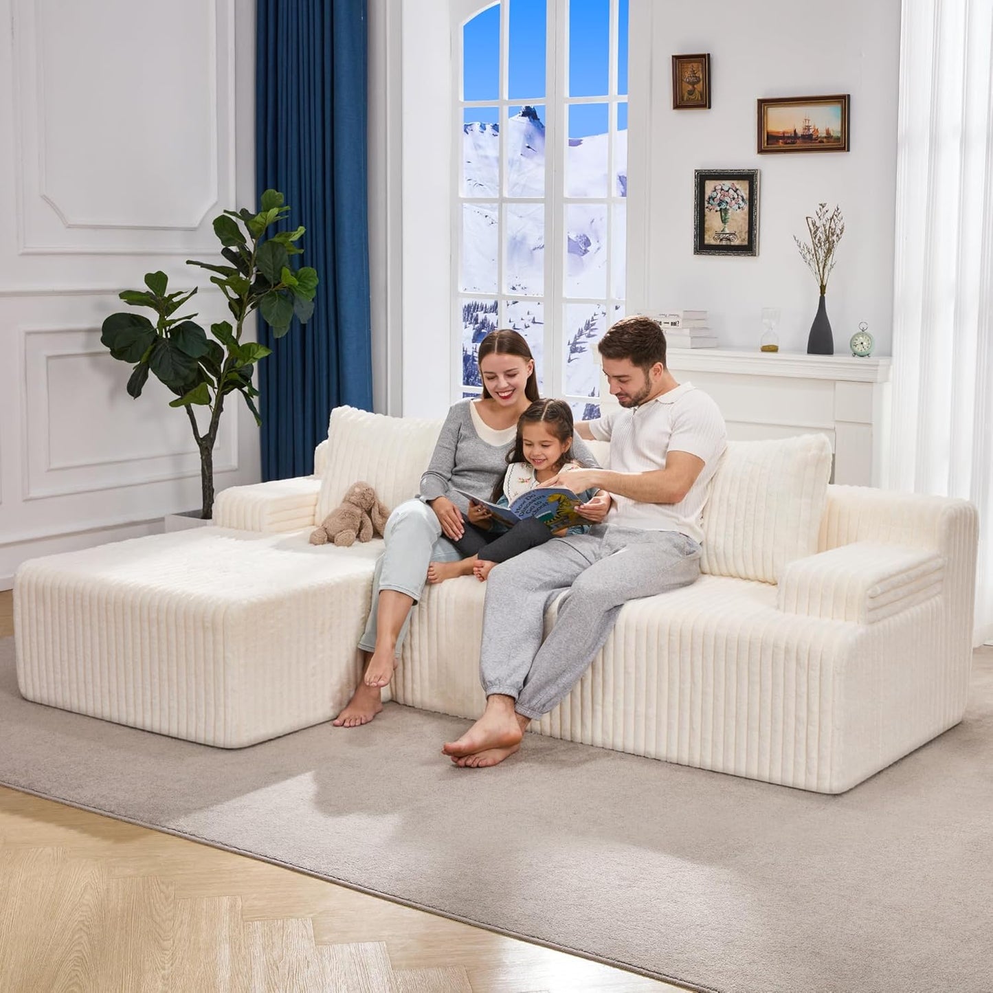 Hobestluk 96” Modular Sectional Sofa Couches L-Shape Couch 3 Seat Modular Sofa Memory Foam Sectional Couches for Living Room, Cloud Couch with Oversized Chaise (White, Stripe (Left Facing Chaise))