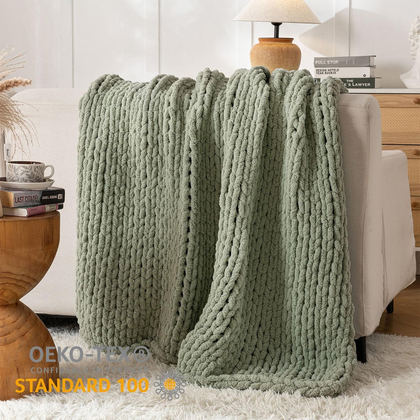 Chunky Knit Blanket Throw, 100% Hand Knit Throw Blanket Handmade Chenille Cable Knit Throw for Couch, Stylish Cozy Soft Rope Knot Crochet Blanket for Home Decor, Sage Green, 60x80 Inches