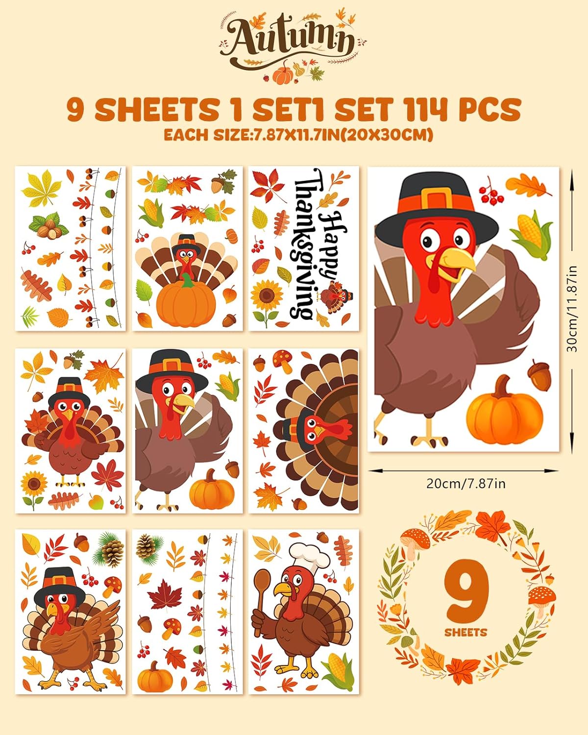 Thanksgiving Window Clings - 9 Sheets 114 Pcs Thanksgiving Decorations for Fall Autumn Harvest Home Party, Pumpkin Leaves Turkey Acorns Stickers for Glass, Double-Sided Static Window Decals