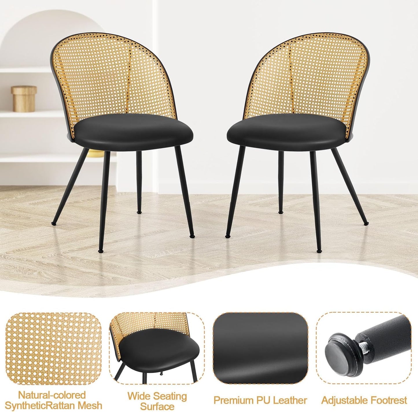 Dining Chairs Set of 6, Mid Century Modern Dining Room Chairs with Rattan Back, Faux Leather Kitchen Dining Chairs Farmhouse Armless Mesh Cane Back Side Chairs with Metal Legs, Black