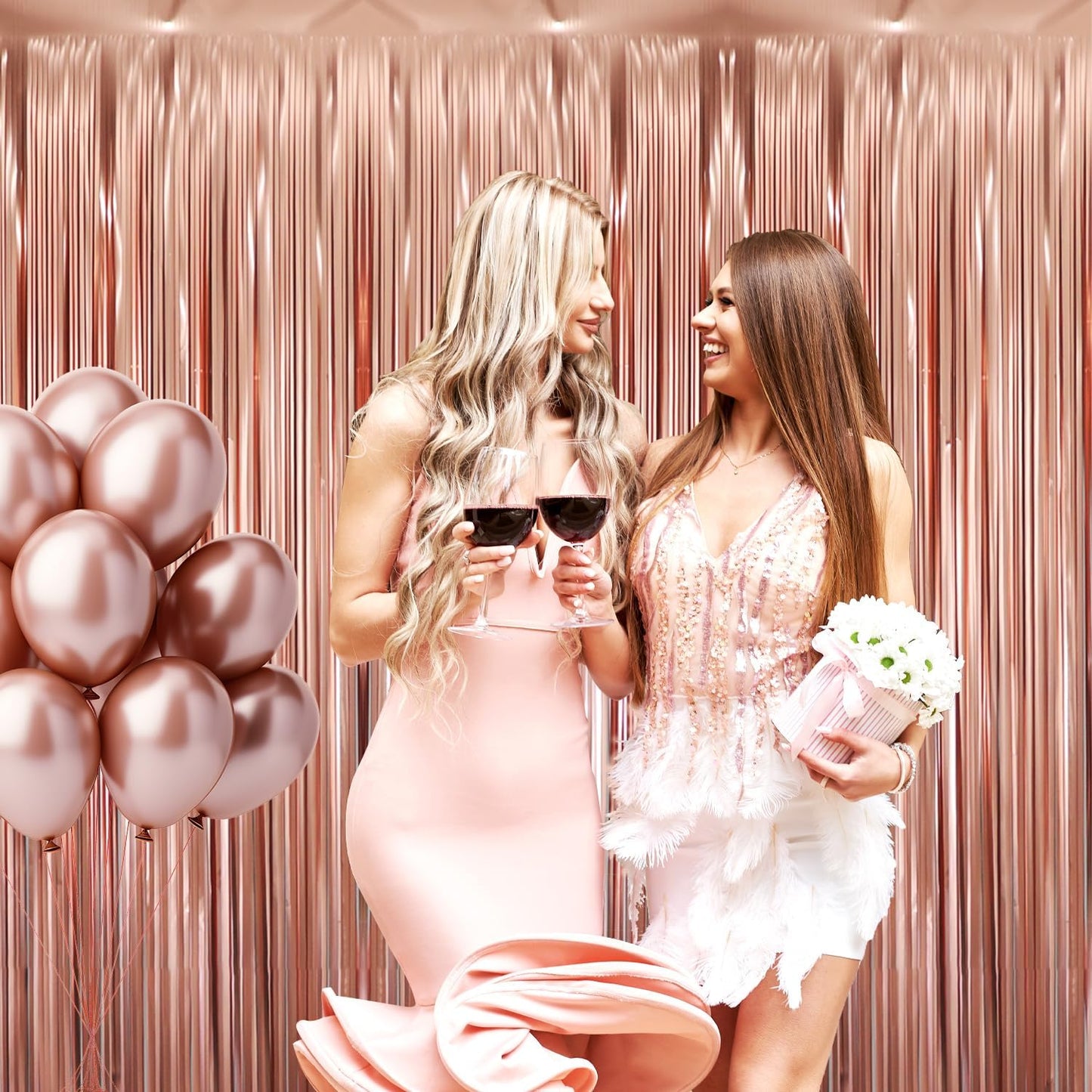 GOER 6.4 ft x 8.2 ft Metallic Tinsel Foil Fringe Curtains,Pack of 2 Party Streamer Backdrop for Birthday,Graduation Decorations and New Year Eve (Matte Rose Gold,Thick Material)