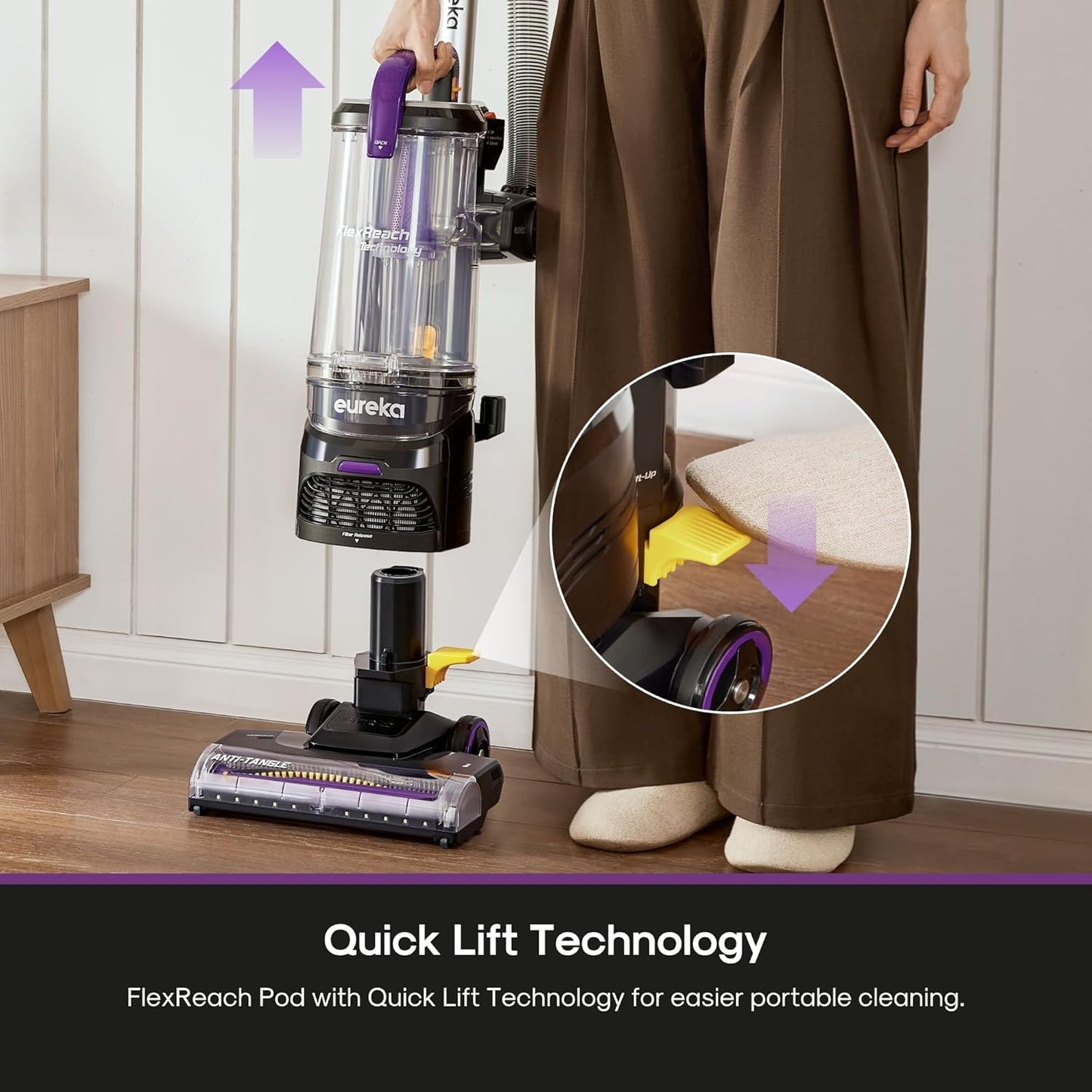 Eureka FlexReach Powerful Upright Vacuum Cleaner for Carpet and Hard Floor, Lift-Away Vacuum with Large Dust Cup, Anti-Tangle, NEU651PL, Purple