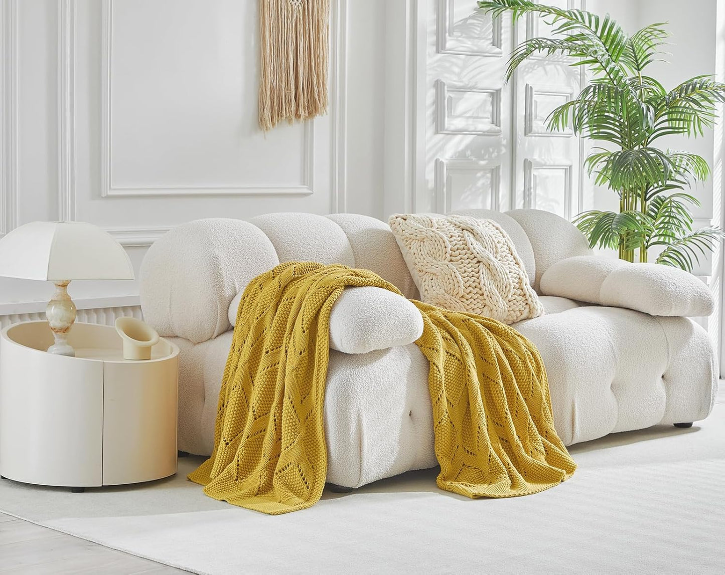 Longhui bedding Chunky Cotton Knit Throw Blanket for Couch, Sofa, Bed, or Chair, Decorative Breathable Fall Cable Knit Blanket 60 x 80 Inches, Large Mustard Yellow