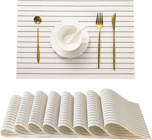 Leetaltree White with Black Stripes Placemats Set of 8 - Heat Resistant Non-Slip Place mats for Dining Table, Washable Durable PVC Vinyl Woven Table Mats（White Stripes, 8）