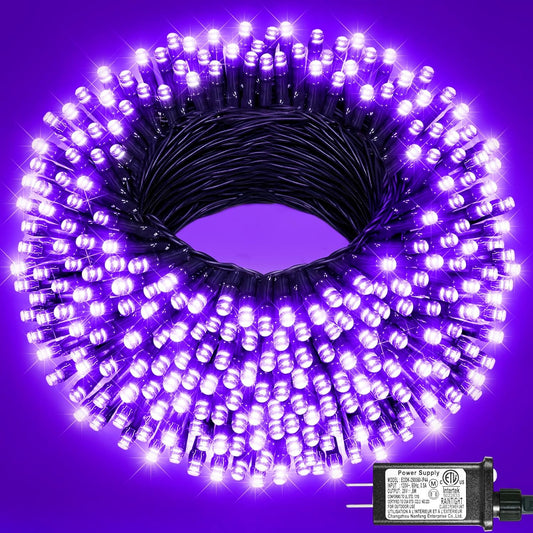 Purple Halloween Lights Outdoor, 100FT 300 LED Halloween String Lights with 8 Modes Waterproof, Plug in Green Wire Twinkle Tree Light for Indoor House Patio Garden Party Decorations