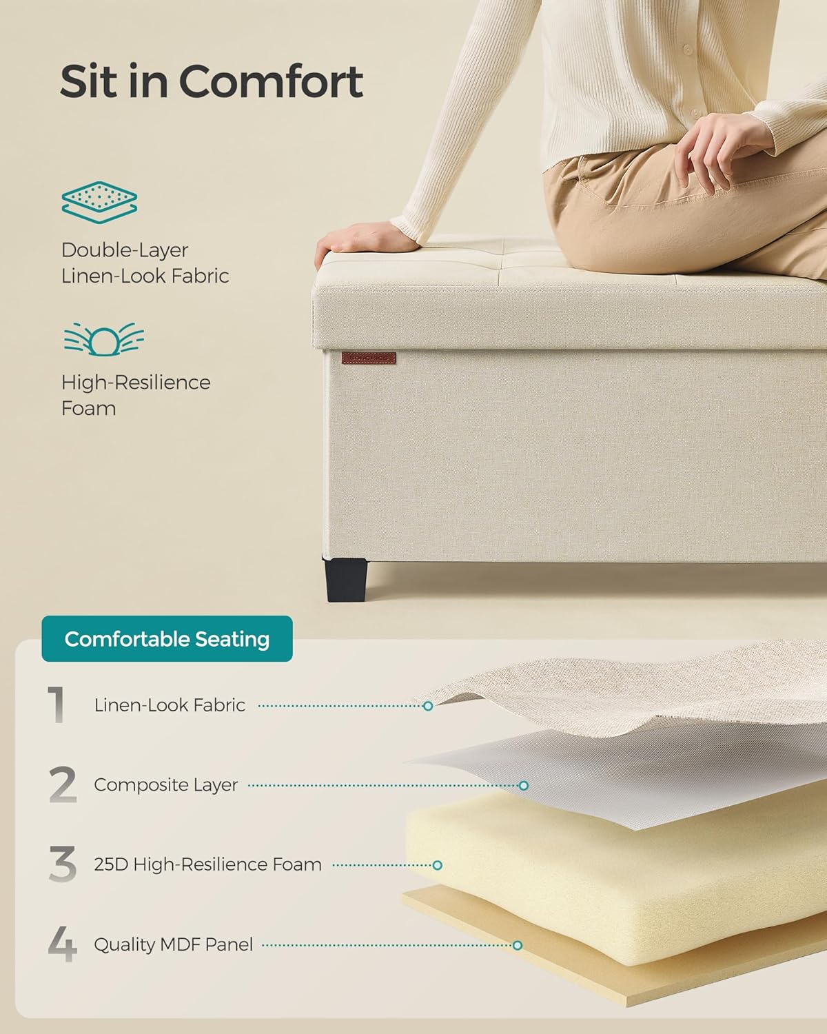 SONGMICS Storage Ottoman Bench, Foldable Foot Rest with Legs, 15 x 43 x 15.7 Inches, End of Bed Bench, Storage Chest, Load up to 660 lb, for Living Room, Bedroom, Entryway, Cream White ULSF018W01