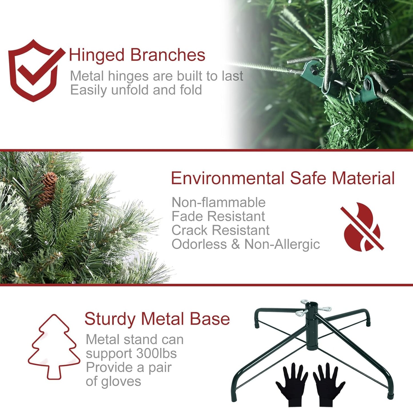 Kadunmina 7.5ft Artificial Christmas Tree Carolina Pine Tree, Unlit Hinged Premium Xmas Trees with 1645 Branch Tips, Pine Cones, Foldable Metal Stand for Home, Office, Holiday Party Decoration