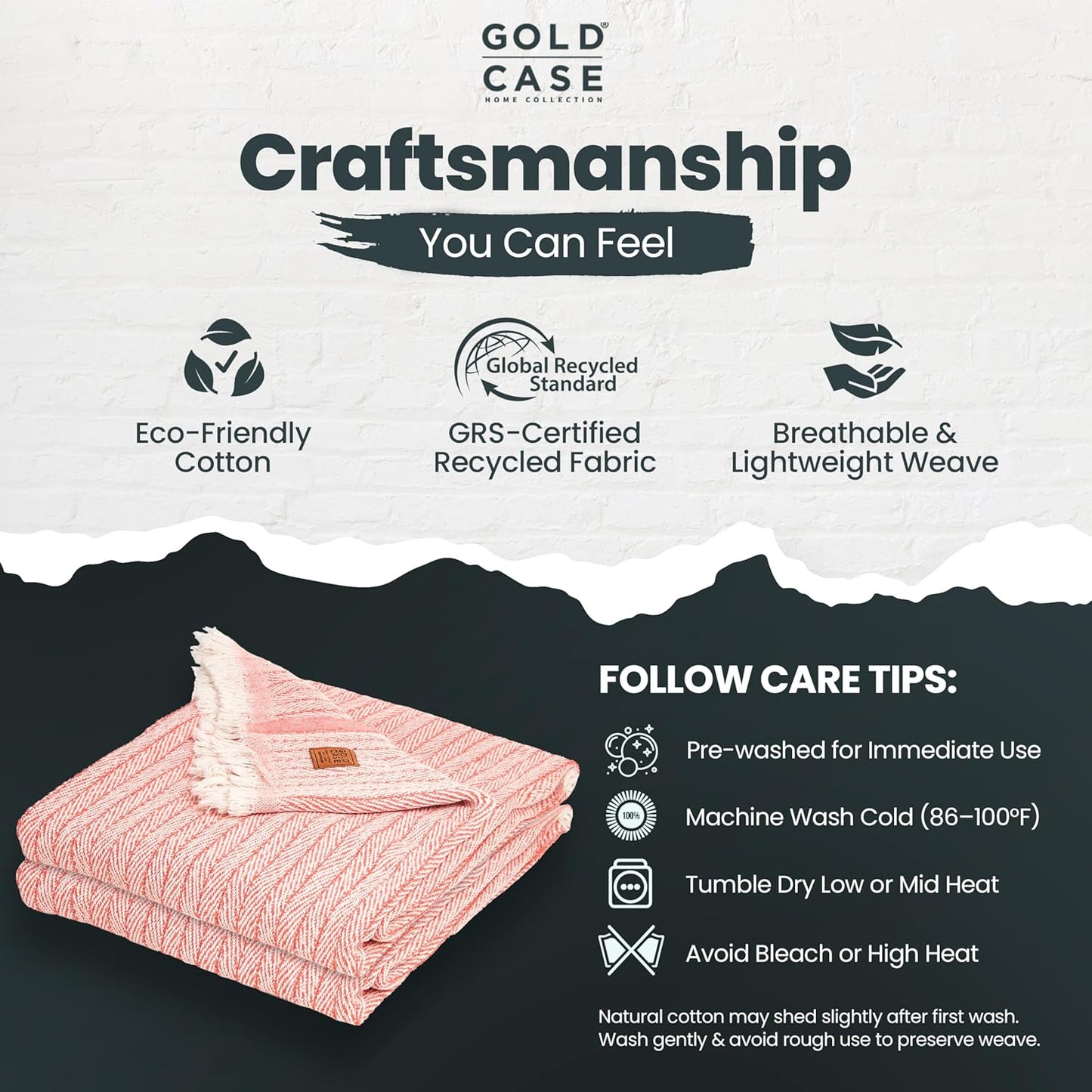 Gold Case Throw Blanket for Couch – 100% Recycled Turkish Cotton Blankets – Elegant Decorative Throw Blankets for Living Room Sofa – Woven Throws for Couch – Vintage Orange – 50x60 (Set of 2)