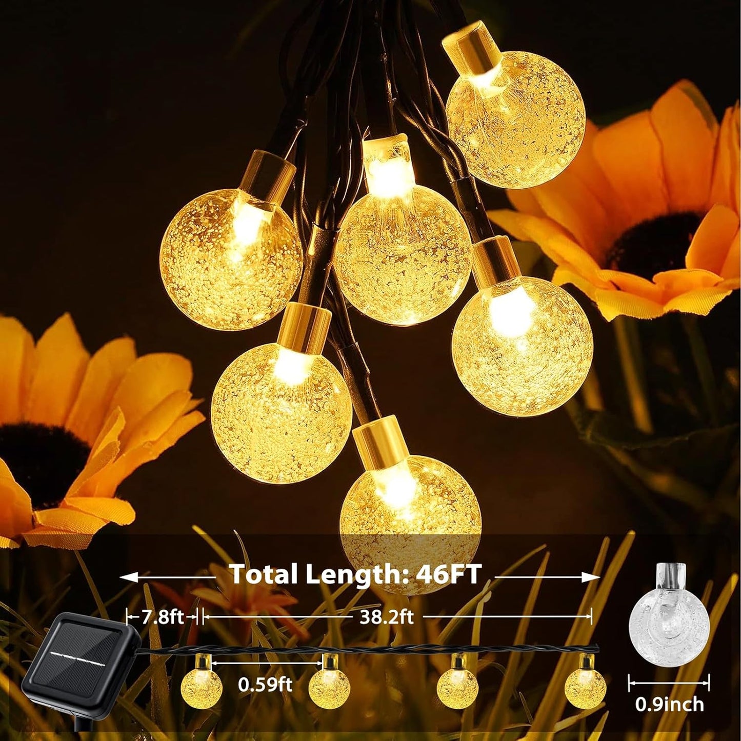 Outdoor Solar String Lights, 46FT 66LED 8Modes Crystal Solar Powered Christmas Fairy String Lights Waterproof for Outside Yard Fence Easter Holiday Party Porch Garden Decor(Warm White)