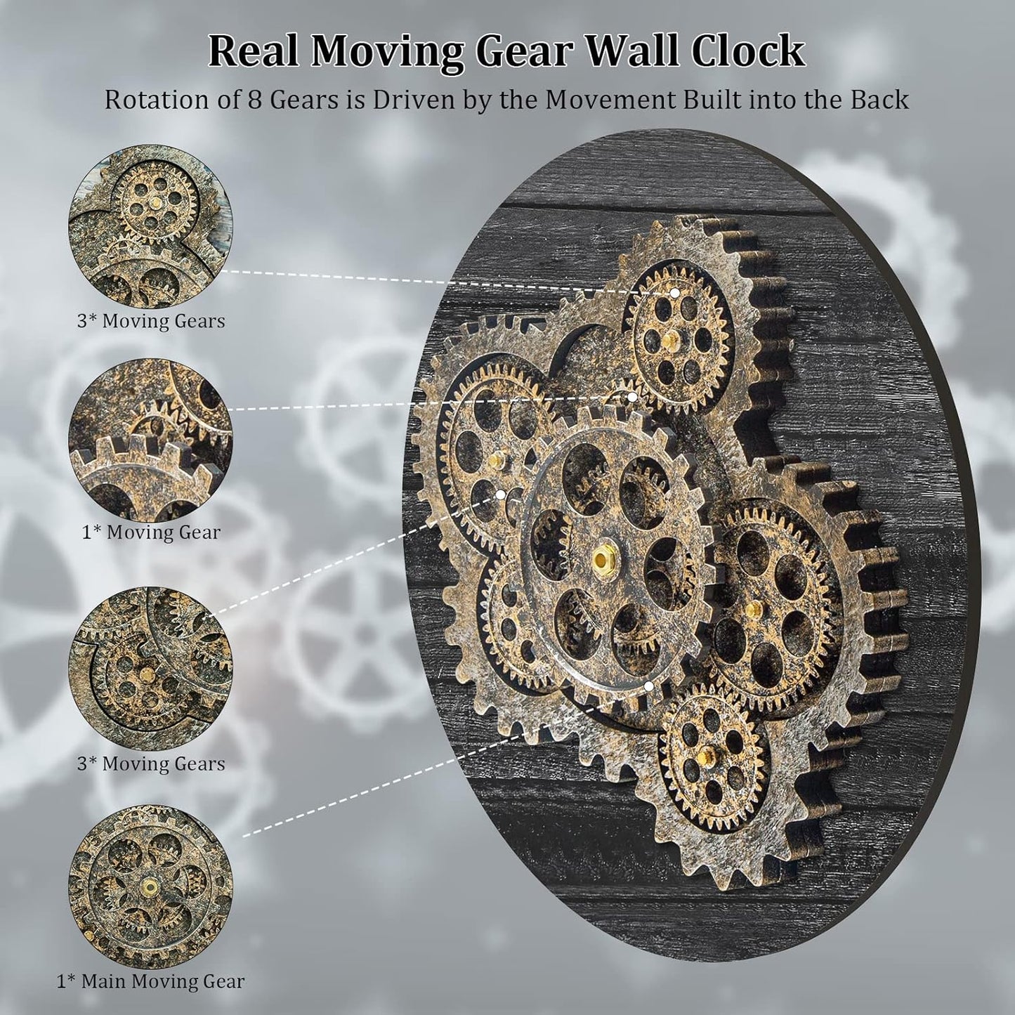 HOIBAI Wall Clock, Large Wall Clocks for Living Room Decor 18 Inch Battery Operated Silent Non-Ticking Modern Farmhouse Vintage Roman Big Wall Clock for Home Bedroom House Office, Moving Gears Clock