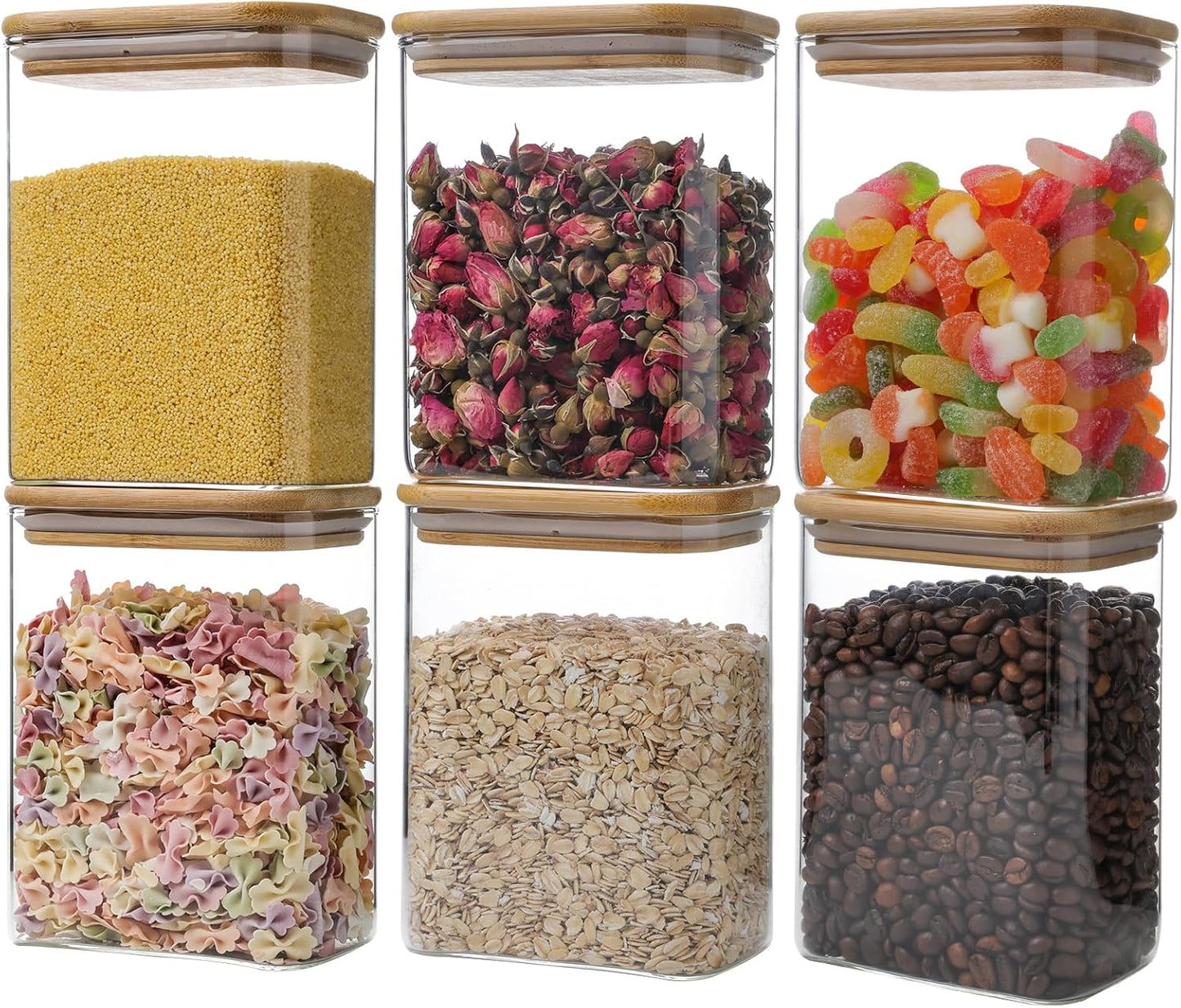 Liuruiyu Glass Storage Jars 12 * 8cm [Set of 6],Clear Glass Food Storage Containers with Airtight Bamboo Lid Stackable Kitchen Canisters for Candy,Cookie,Rice,Sugar,Flour,Pasta(Square)