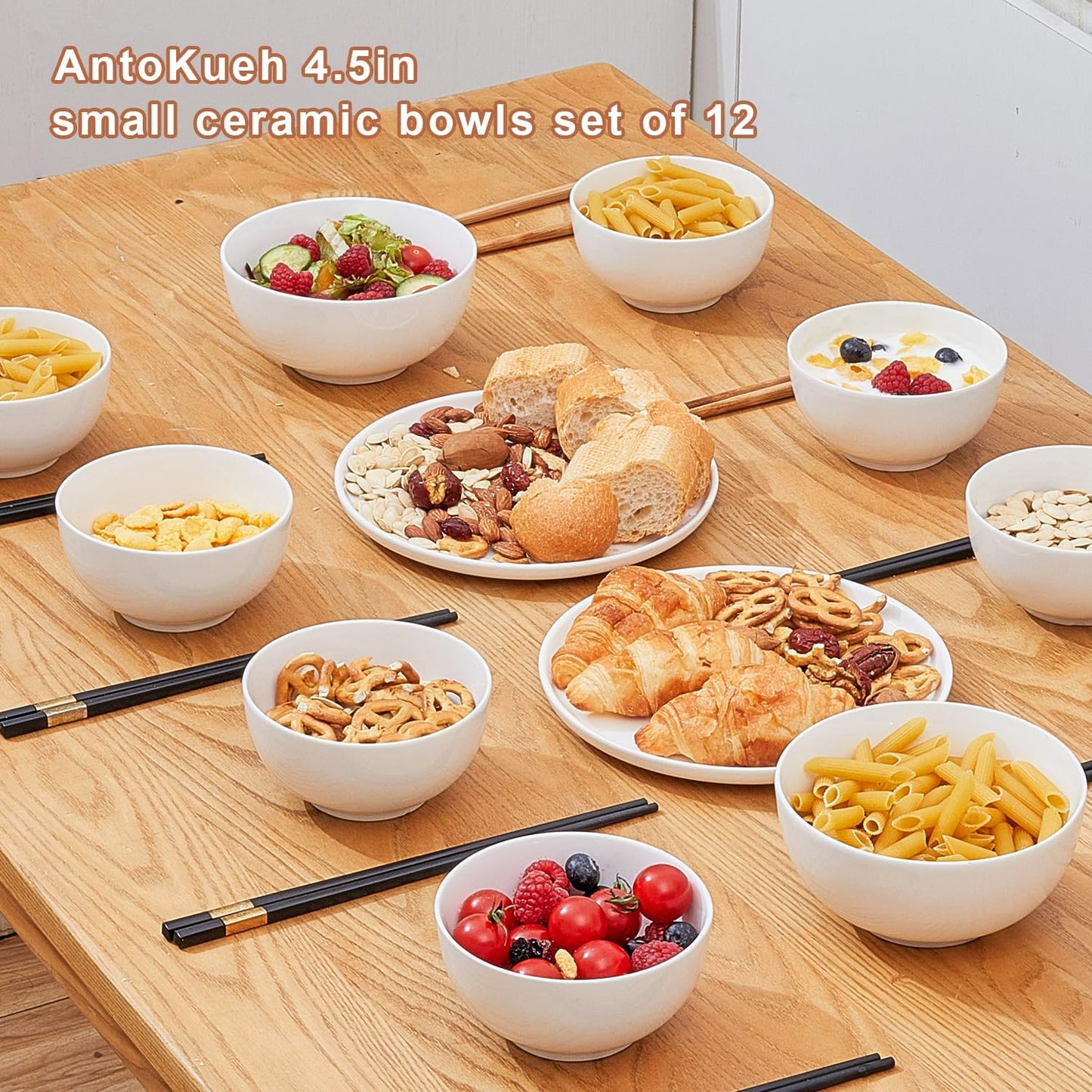 White 4.5in Small Ceramic Bowls 12 OZ, AntoKueh Cereal Bowls Set of 12 for Dessert, Rice, Jello, Family dressfamily gatherings, hosting dinner parties