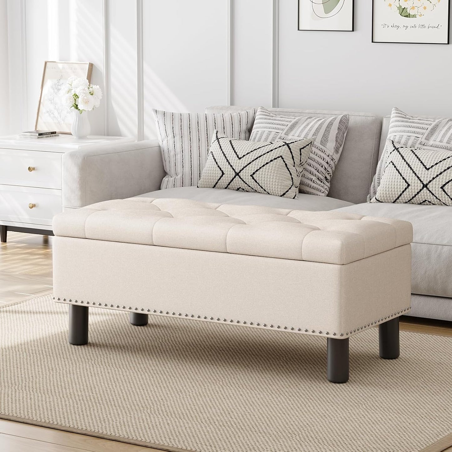 Furniliving 42” Ottoman Bench with Storage, Folding Storage Ottoman Benches with Wood Legs, Upholstered Bedroom Bench with Button-Tufted, Entryway Bench for Bedroom, Linen, Beige