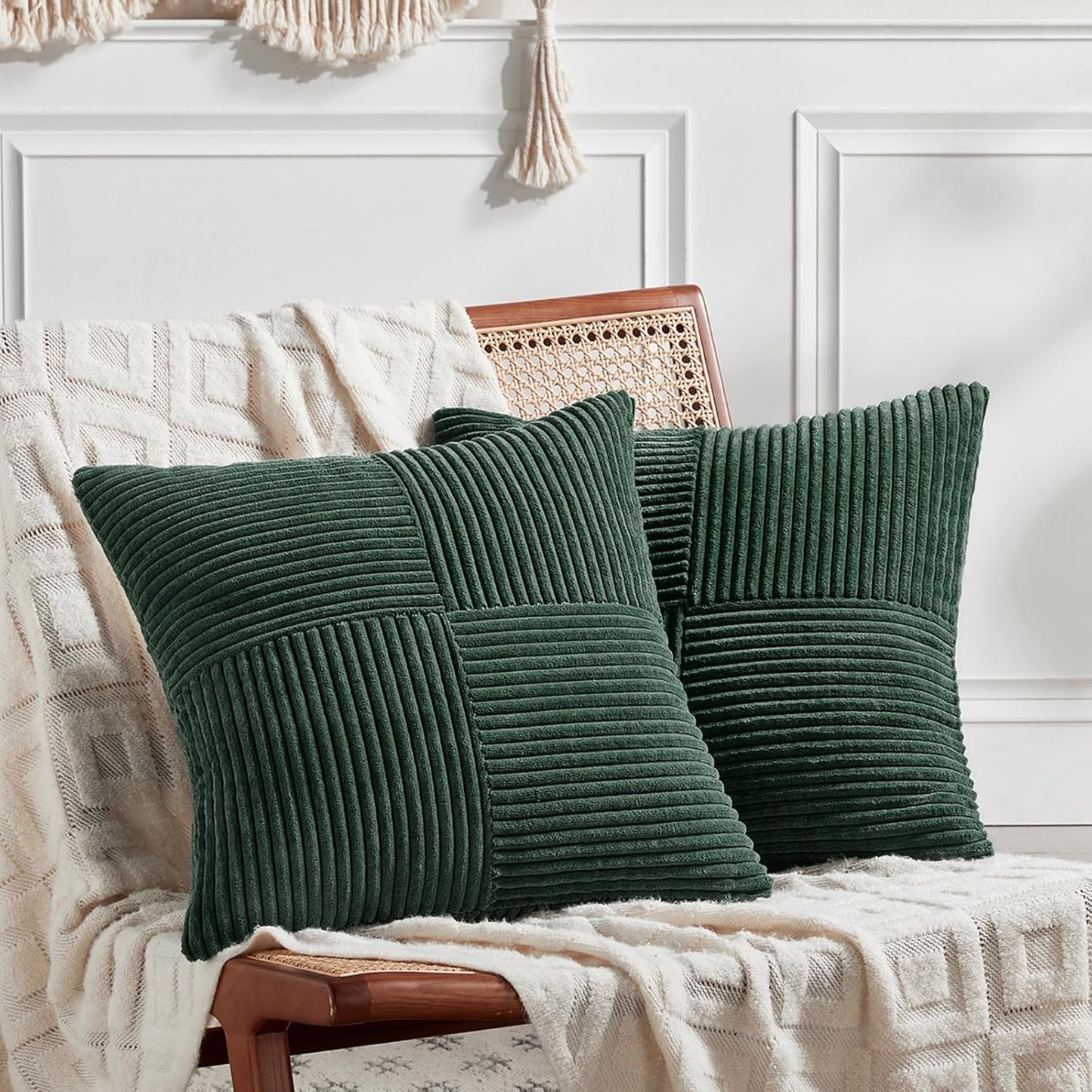 Fancy Homi Set of 2 Dark Green Samll Decorative Throw Pillow Covers 12x12 Inch for Living Room Couch Bed, Boho Farmhouse Forest Green Home Decor, Soft Corss Corduroy Patchwork Textured Cushion Case