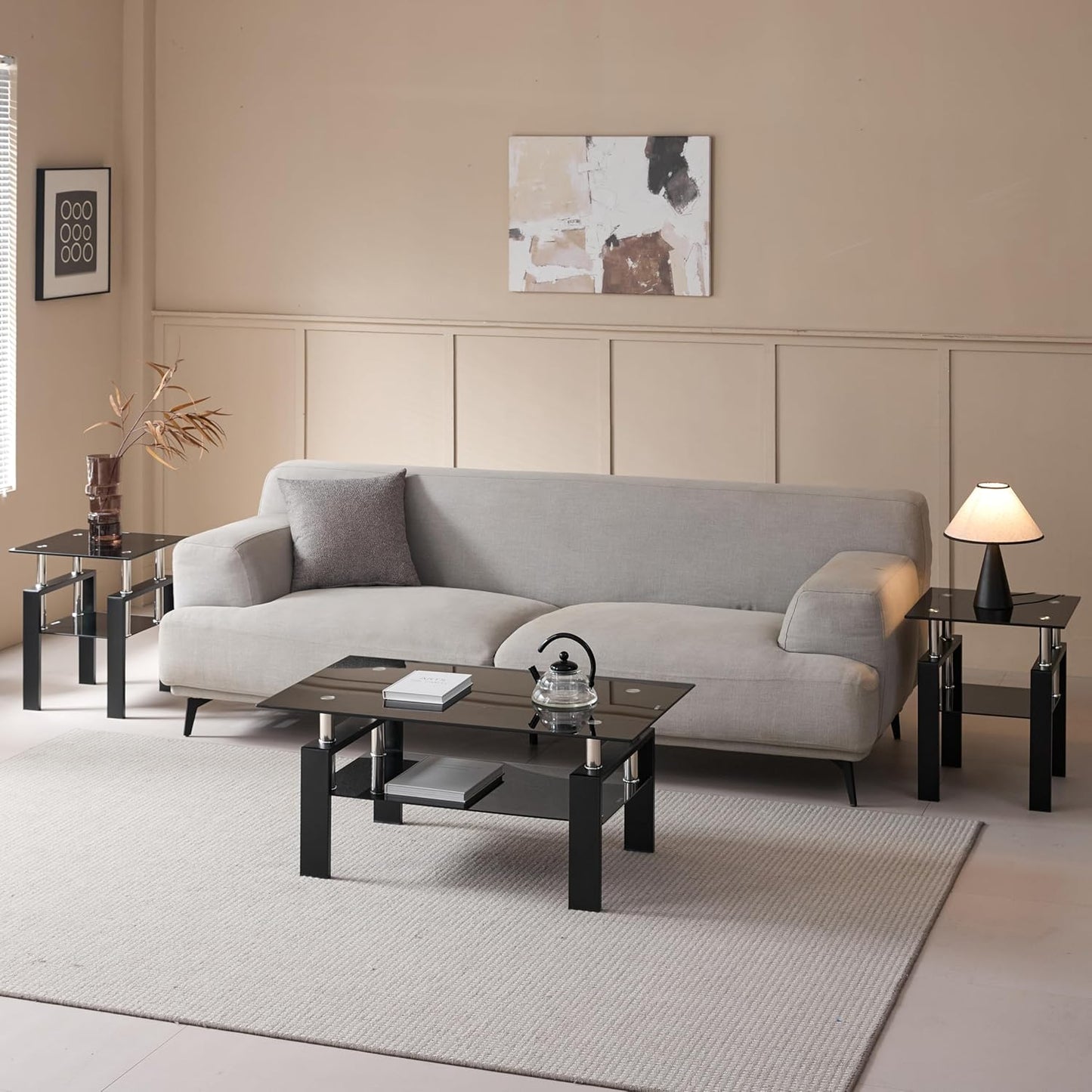 Black Glass Coffee Table for Living Room, Mordern Rectangle Tempered Glass Sofa Center Tables with Black Metal Leg for Home Office