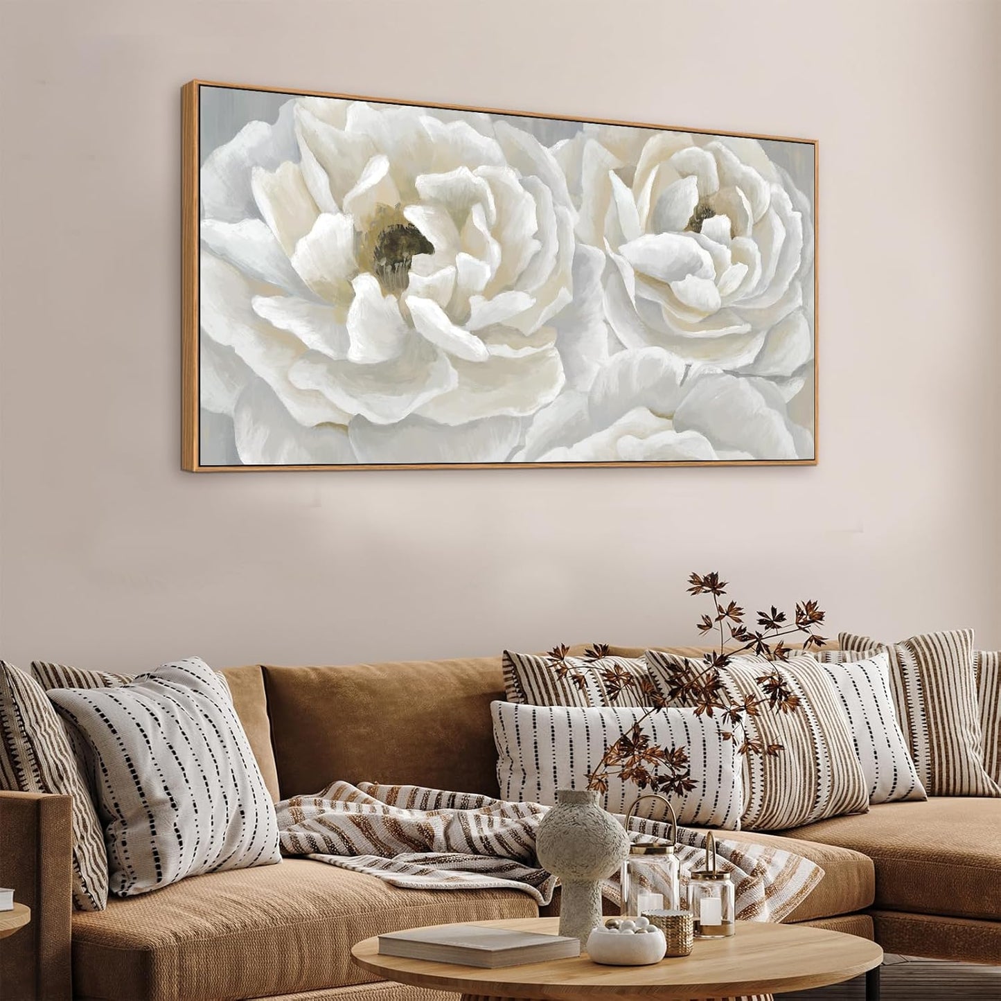 arteWOODS Cream White Flowers Framed Wall Art - Soft Peony Pictures for Wall Decor Elegant Blossom Flower Painting Artwork Botanical Prints for Living Room Home Office Wall Decoration 24" x 48"