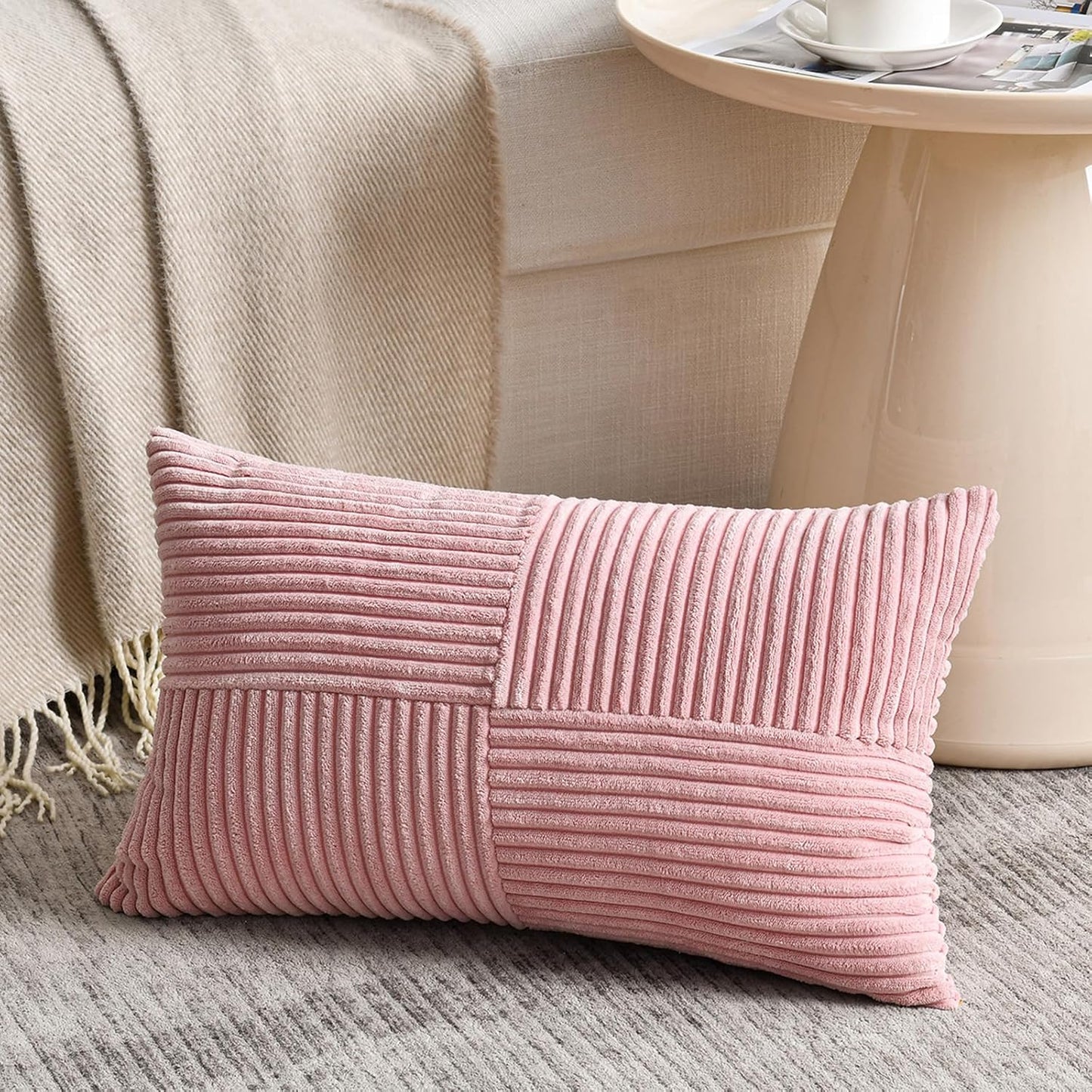 Fancy Homi 2 Packs Blush Pink Lumbar Decorative Throw Pillow Covers 16x32 Inch for Living Room Couch Bed, Rustic Farmhouse Boho Home Decor, Soft Striped Corduroy Rectangle Accent Cushion Case 40x80 cm