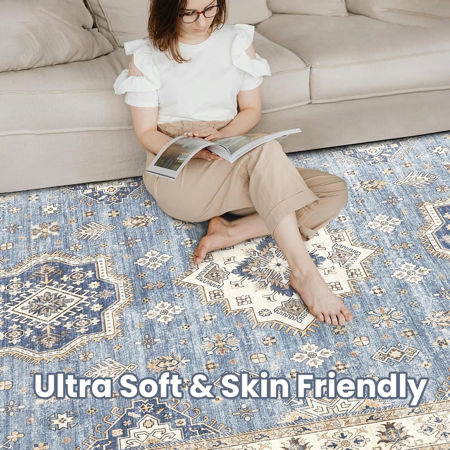 Washable Area Rugs for Living Room -10x13 Neutral Vintage Distressed Floral Farmhouse Boho Large Soft Floor Rug Indoor Non Slip Carpet for Living Room Bedroom Dining Room Office - Blue