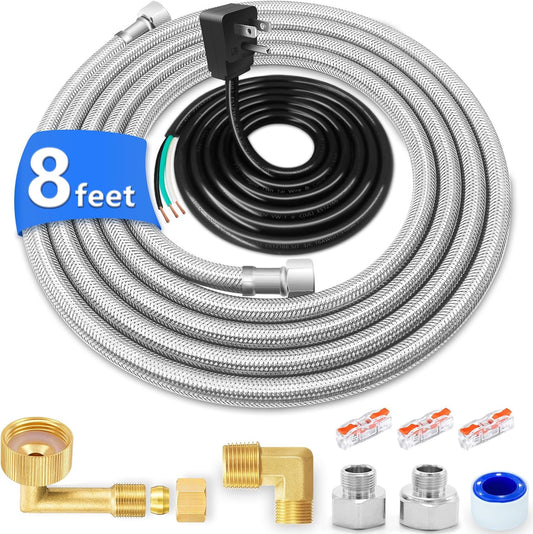 Dishwasher Installation Kit - 8 FT Stainless Steel Dishwasher Hose with 3/8" Compression Connections,Food Grade PEX Inner Tube Dishwasher Water Supply Line with Elbows,Adapters and 6 FT Power Cord