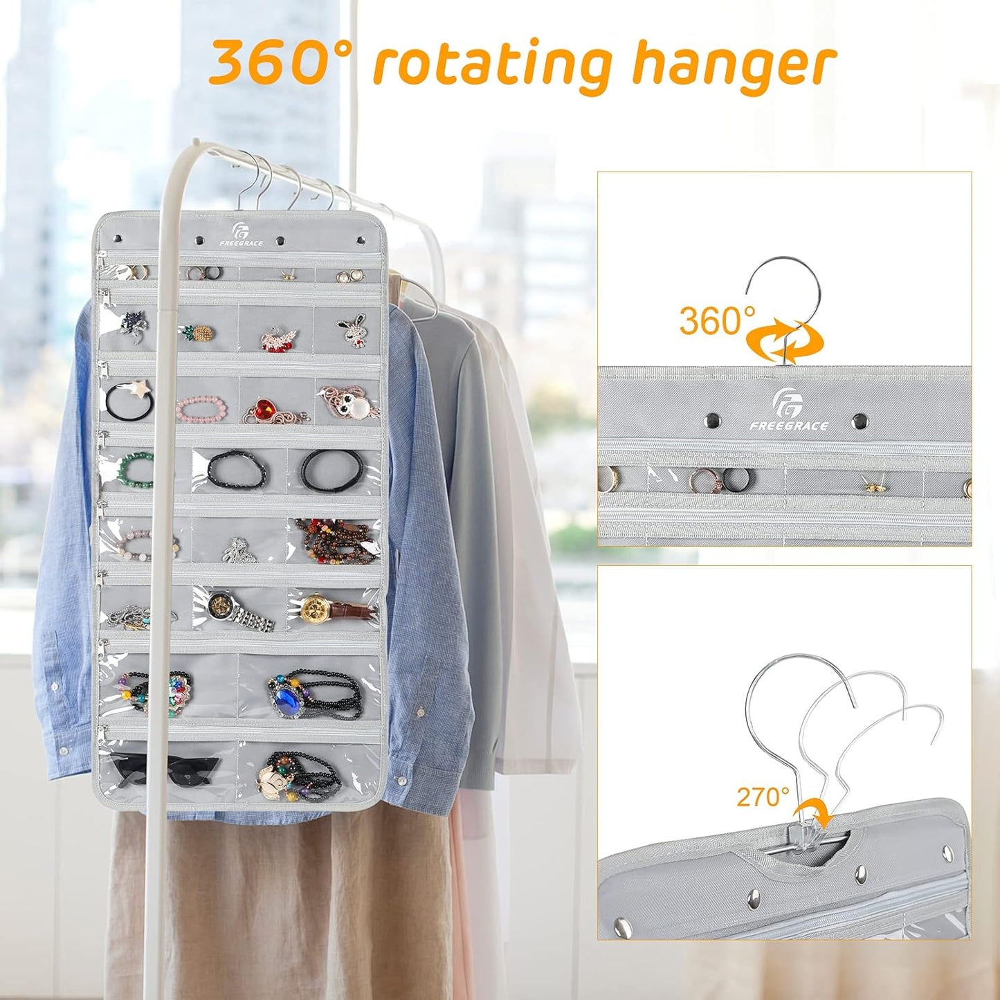 Freegrace Hanging Jewelry Organizer Revolving Hanger - Secure Zipper Closure - 50 Pockets - Foldable Storage & Display Solution - For All Jewelry & Bijoux (Gray)