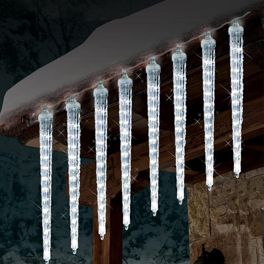 WATERGLIDE Meteor Shower Lights, 12" Outdoor Icicle Christmas Lights 8 Icicles 192 SMD LED Crystal Ice Falling Light, Connectable Raindrop Iciclelight, Xmas Winter Party Tree Holiday Decor, White