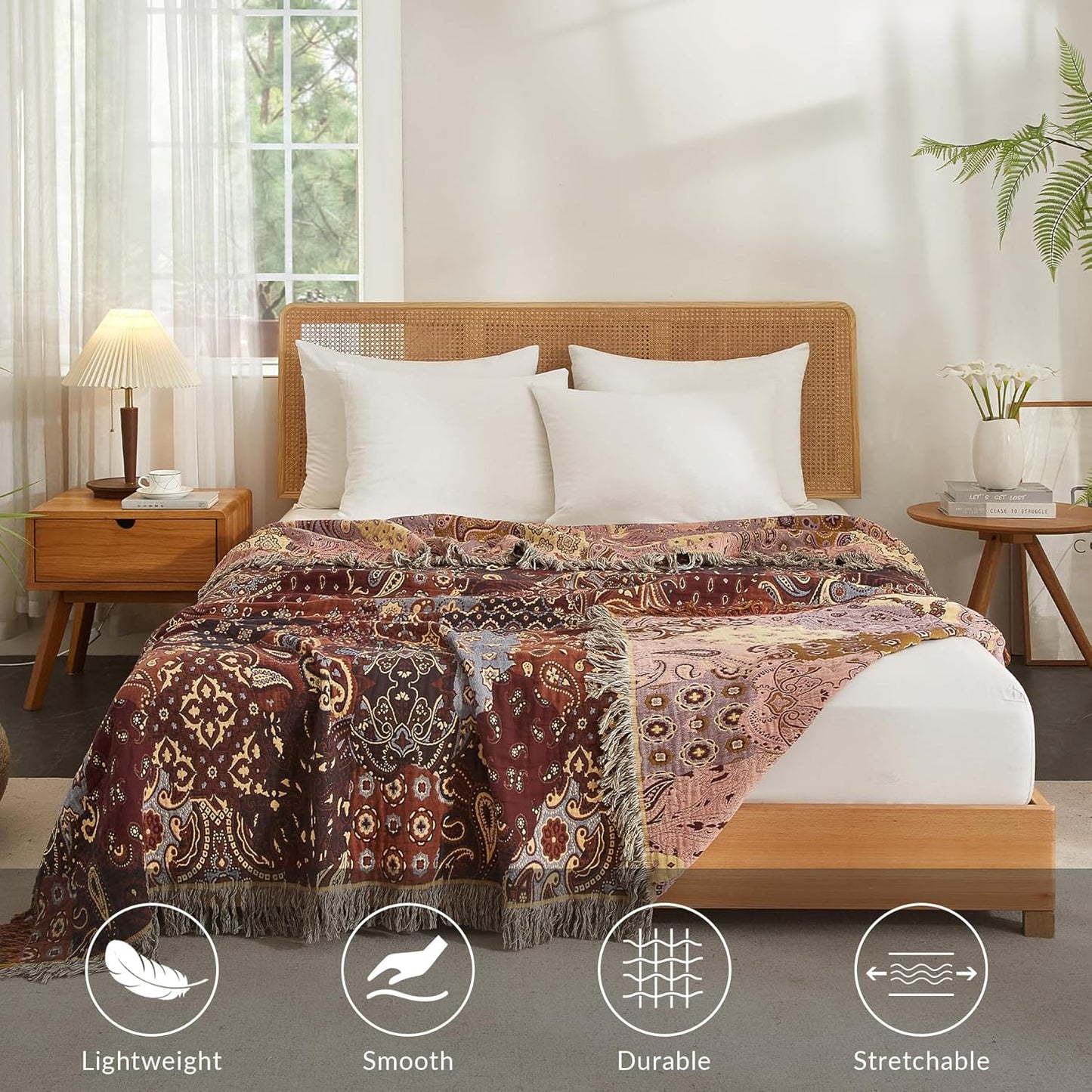 Boho Throw Blanket for Couch Sofa Bed, 100% Cotton Woven Quilt with Tassel 80”x90”, Super Soft Muslin Blanket with Patchwork Printed, Decorative Reversible Bed Blanket/Cover for All Seasons