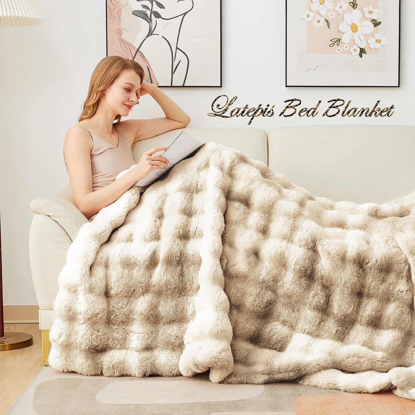 Latepis Soft Luxury Faux Fur Bubble Blanket, Thick Warm Cozy Throw Blanket for Couch, Plush Fluffy Blanket for Sofa and Bedroom Women Gift, 50” x 60”, Tie-dye Camel, 860GSM