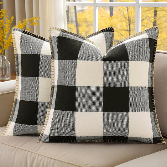 decorUhome Buffalo Plaid Check Throw Pillow Covers 18x18 Set of 2, Outdoor Decorative Farmhouse Neutral Pillow Covers with Stitched Edge for Bed Couch Sofa, Black and White