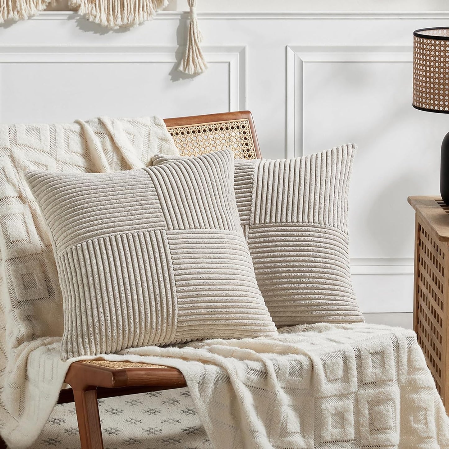 Fancy Homi 2 Packs Neutral Taupe Big Decorative Throw Pillow Covers 24x24 Inch for Couch Bed Sofa, Rustic Farmhouse Boho Home Decor, Soft Corss Corduroy Patchwork Accent Square Cushion Case 60x60 cm