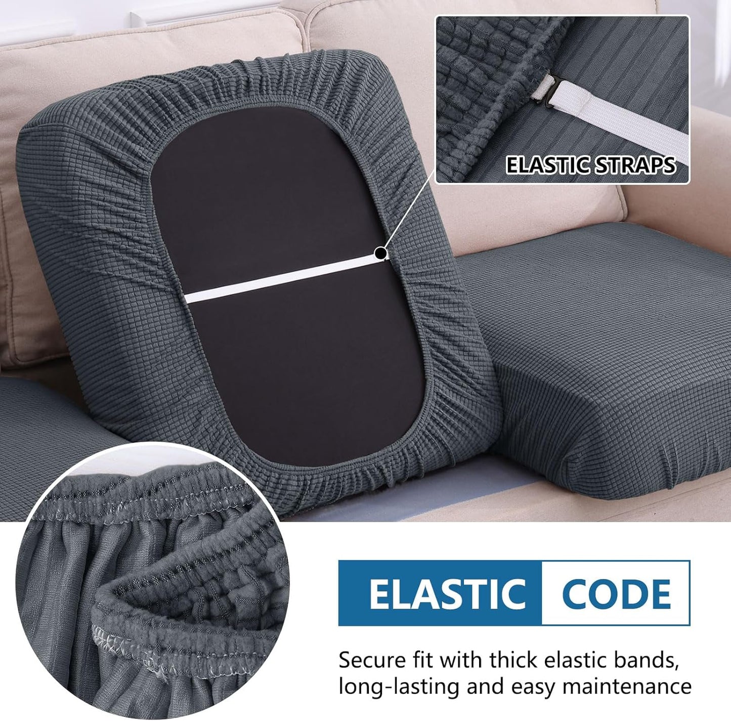 hyha Waterproof Couch Cushion Covers for Pets, Non Slip Sofa Seat Cover for Dogs Washable, Soft Thick Stretch Jacquard Fabric, Sofa Slipcovers with Elastic Bottom (1 Piece for Large, Grey)