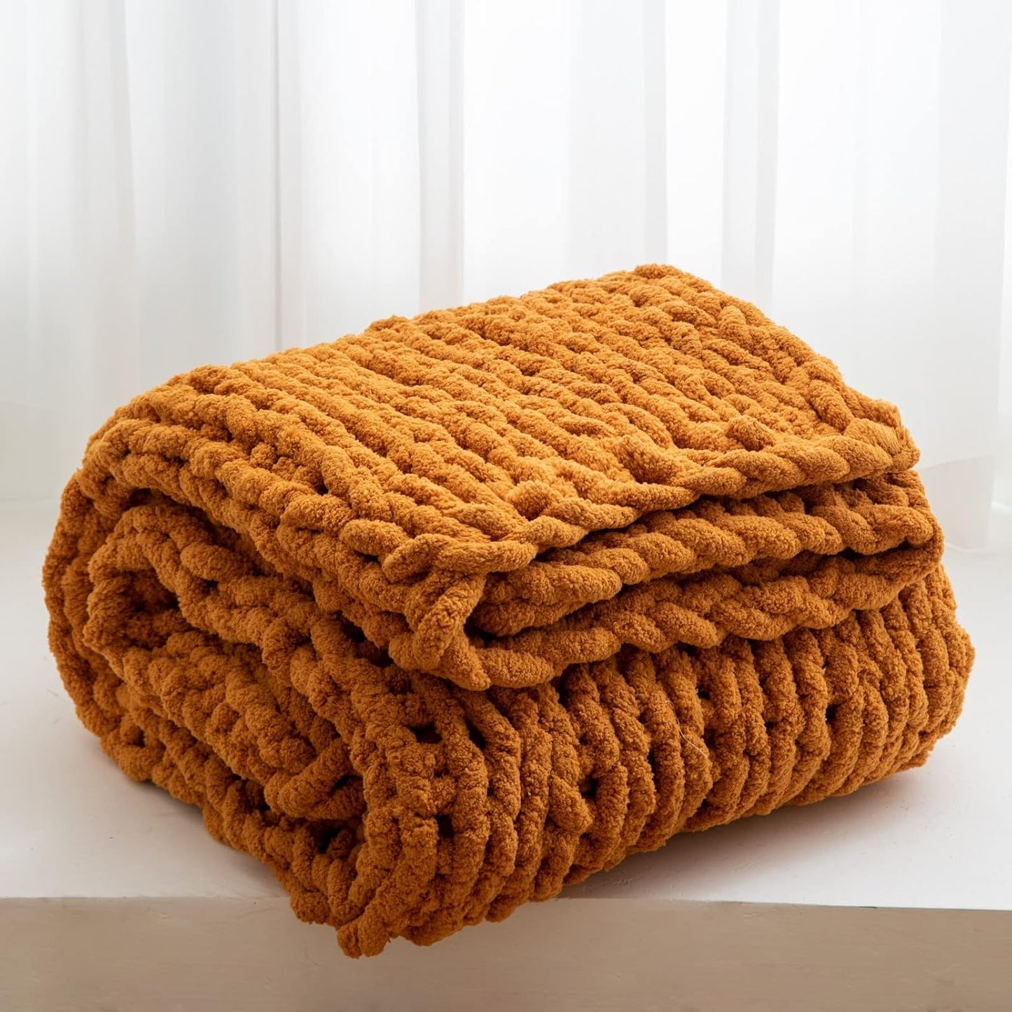 WESHIONGOO Chunky Knit Blanket Throw 50"×60" Knitted Throw Blankets for Couch Bed Fall Throw Blanket Fluffy Soft Blanket with Jumbo Chenille Yarn Thick 100% Handmade (Burnt Orange)