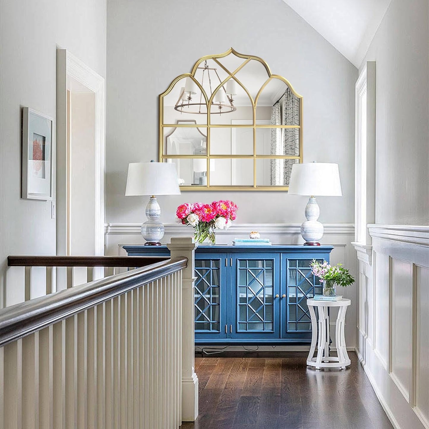 Window Mirror Pane Scalloped, Wide Arched Gold Mirrors Decorative, Cathedral Arch Wall Decor with Metal Windowpane Grid for Mantle Entryway Fireplace Hallway Living Room