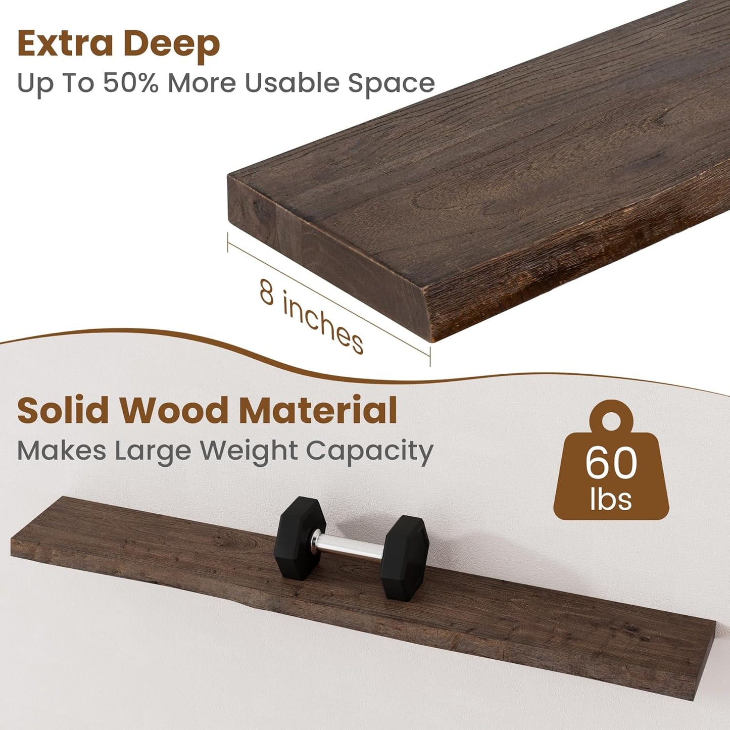Floating Shelves for Wall Decor, Rustic Solid Elm Wood Floating Shelves Wall Mounted, Wall Shelves with Invisible Bracket for Living Room Bathroom Bedroom Kitchen, 48 Inch, Walnut
