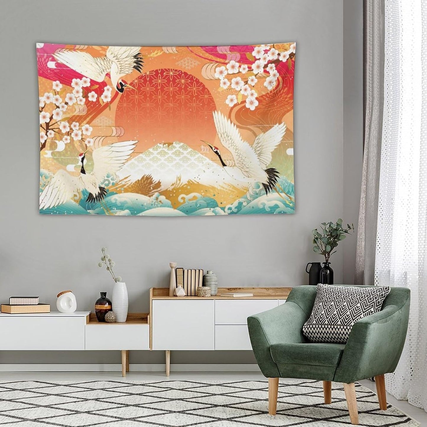 HZOHNAGO Japanese Tapestry Cherry Blossom Crane Sea Wave Fuji Mountain Red Sun Pattern Printed Wall Tapestry Painting Wall Hanging for Bedroom Living Room Dorm 90" W x 60" H