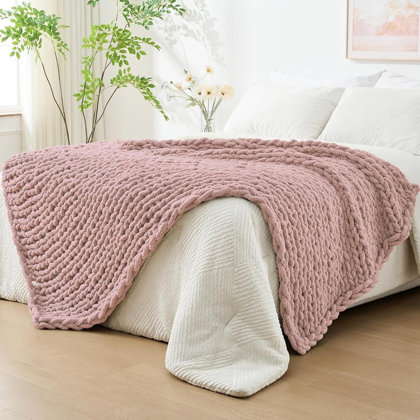 Bigacogo Chunky Knit Throw Blanket for Couch, 51x63 inches, 100% Hand Knitted with Thick Jumbo Chenille Yarn, Cozy Soft Large Rope Knot Cable Crochet Blankets for Sofa Bed Living Room, Dusty Pink