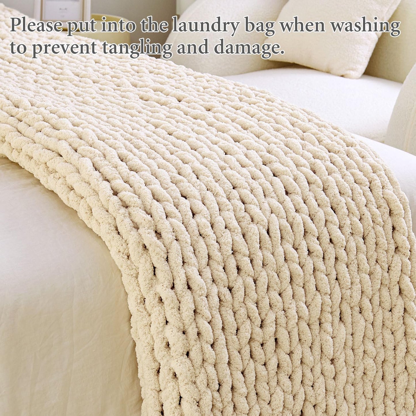 Admitrack Chunky Knit Blanket Throw 51"x63", 100% Hand Knit Chenille Throw Blanket for Sofa & Home Decor, Soft and Cozy Knitted Throw Blankets (Ivory，51"x63")