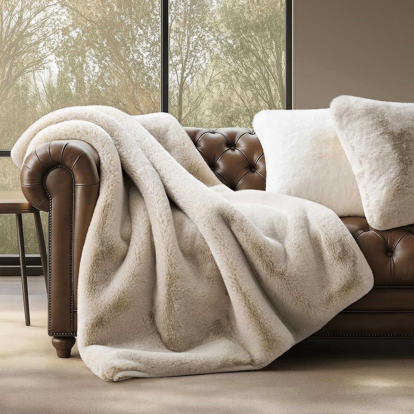 Luxury Soft Faux Chinchilla Fur Throw Blanket for Couch, Warm Thick Heavy Winter Throw Blanket 1220GSM for Bed, Fluffy Cozy Mink Blanket with Reversible Velvet, Birch Mink, 50"x60"