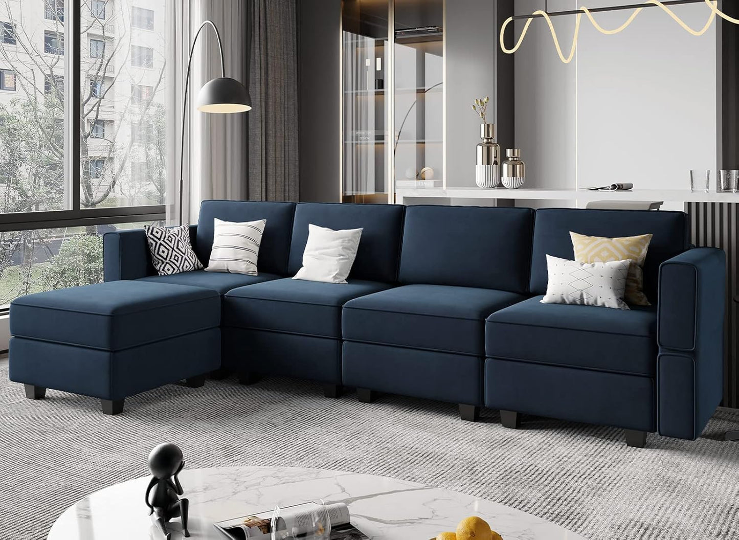 Belffin Modular Sectional Sofa Couch with Reversible Chaise Velvet L Shaped Storage 4-seat Convertible Blue…