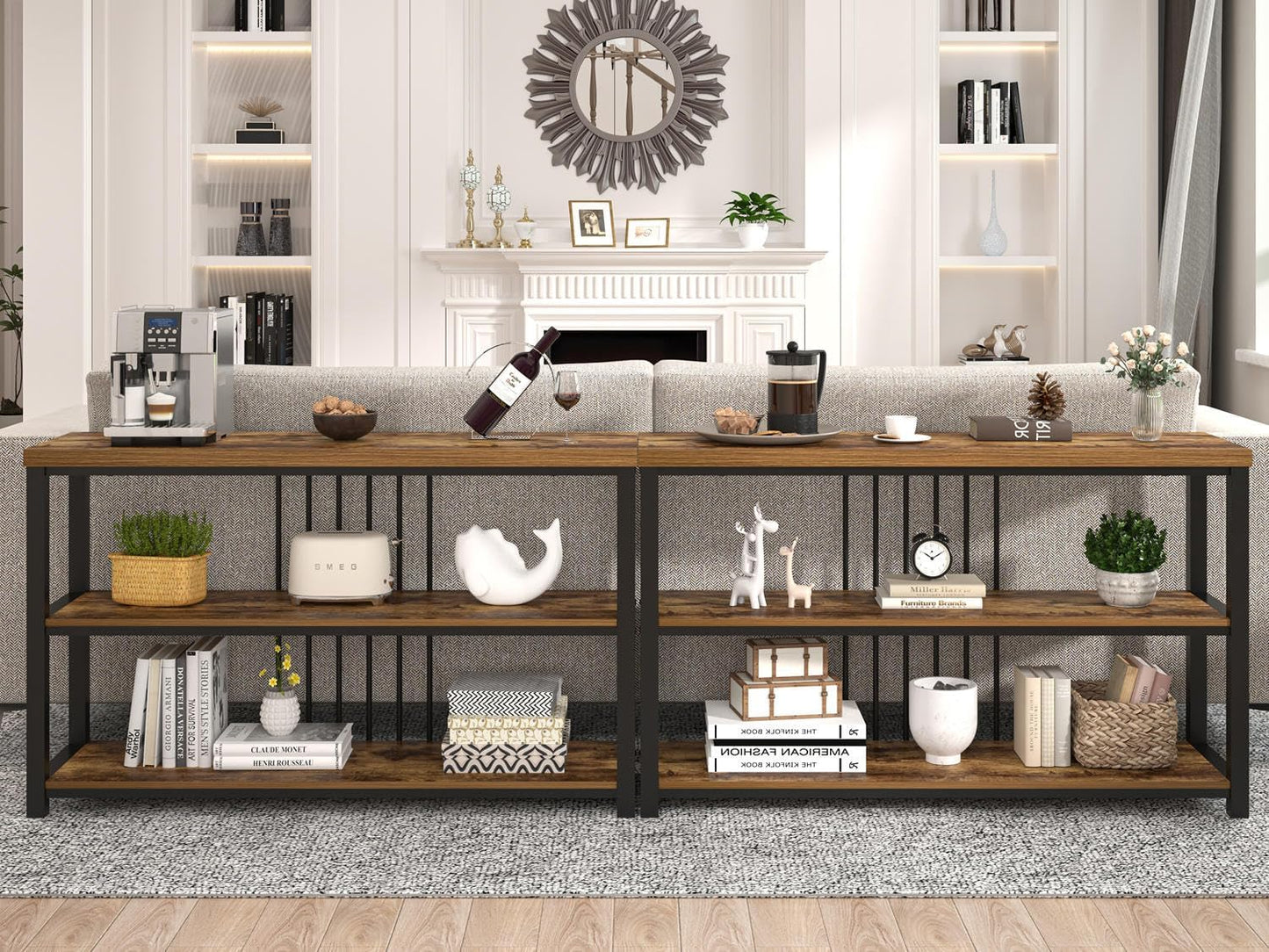 FOLUBAN Industrial Console Table, 3 Tier Entryway Table, Sofa Foyer Table for Living Room Hallway Behind Couch, Rustic Brown