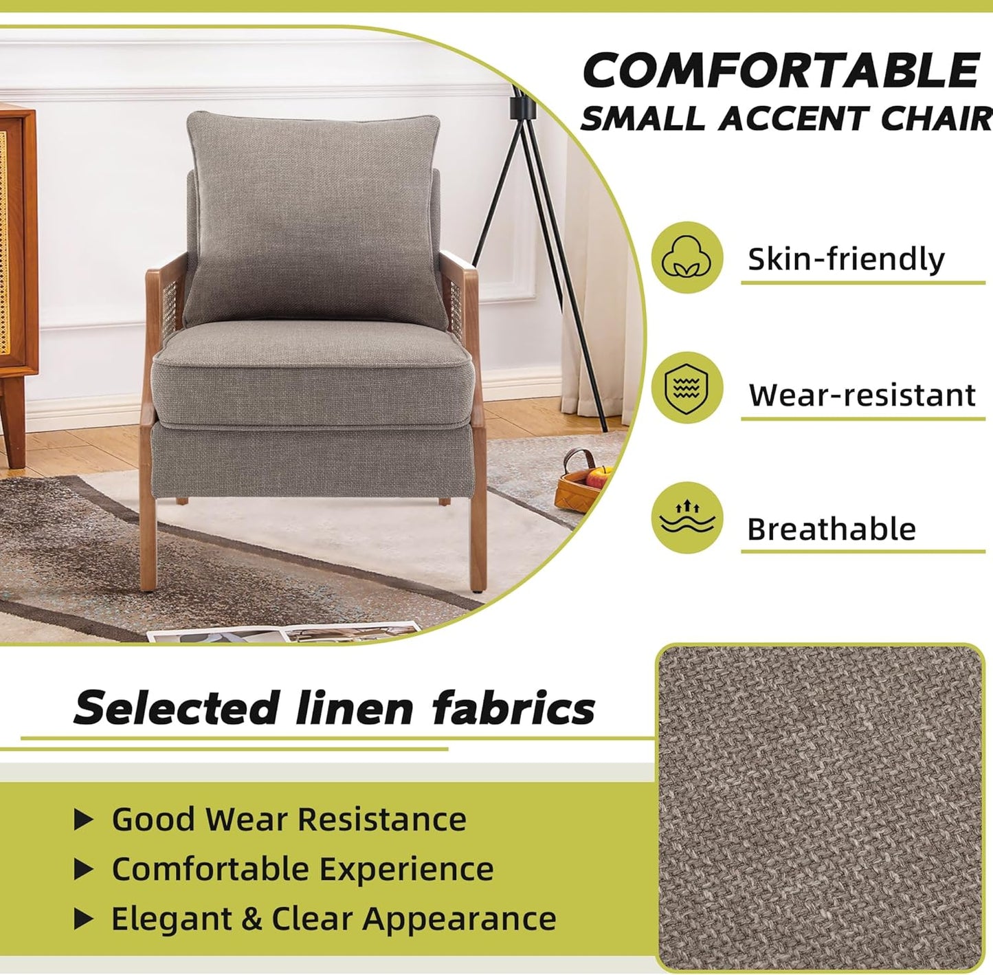 HAOBO Home Mid Century Modern Accent Chair Upholstered Living Room Chairs Armchair with Rattan Armrest Comfy Reading Chair with Wood Frame Lounge Side Chair with Waist Cushion