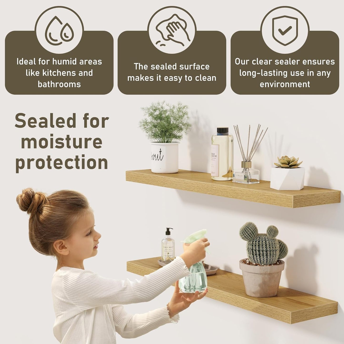 Fun Memories Floating Shelves Wall Shelf 24 inches Long, Farmhouse Bathroom Shelves Bedroom Kitchen Living Room Shelf Wall Mounted, 24 x 6.7 x 1.4 inch Set of 3, Oak Color