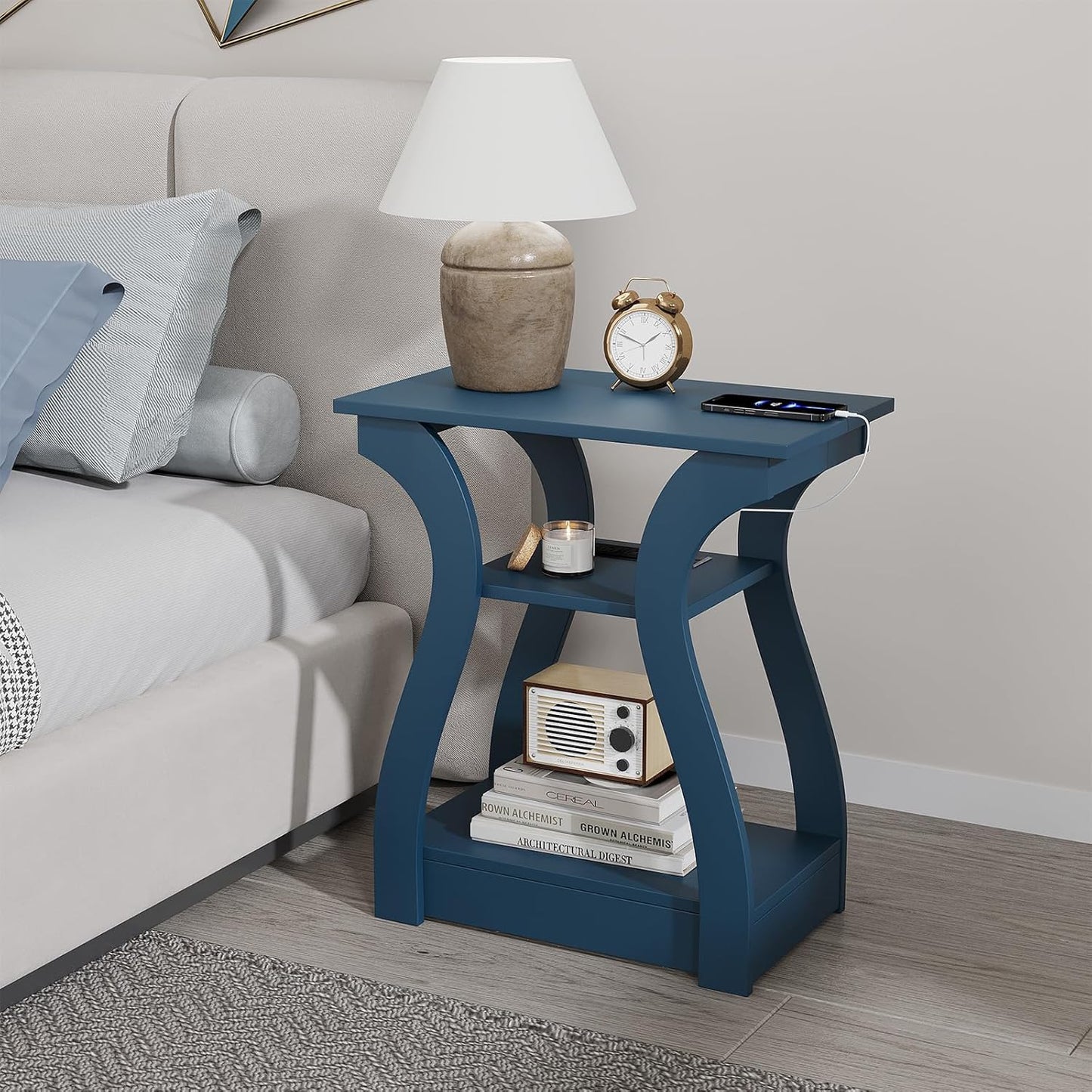 End Tables Living Room, End Table end Table with Charging Station and USB,Navy Blue Side Table, Nightstand for Bedroom,3 Tier End Table with Storage Shelf for Living Room